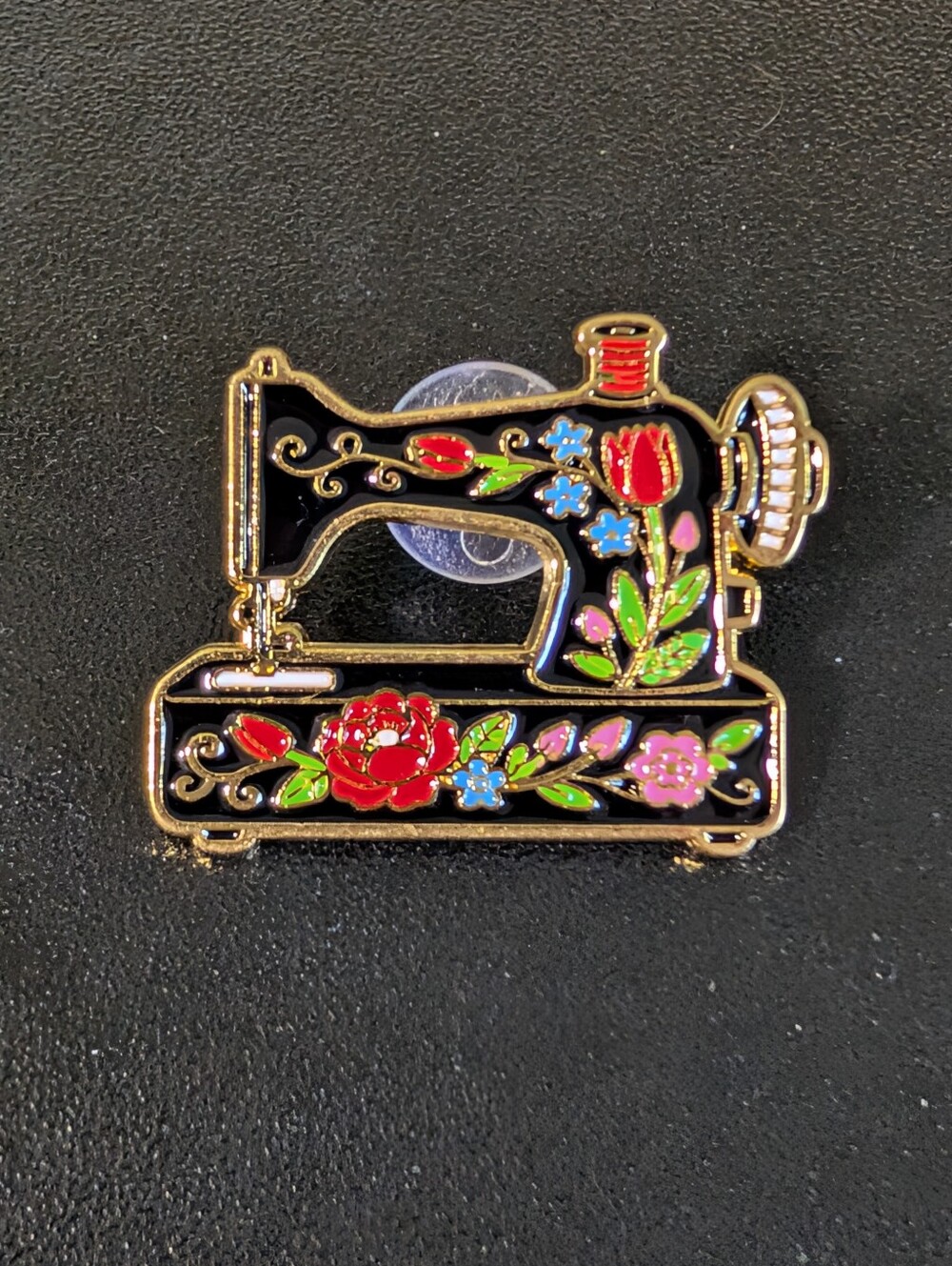 Floral Vintage Sewing Machine Enamel Pin - Black with Multicolor Flowers